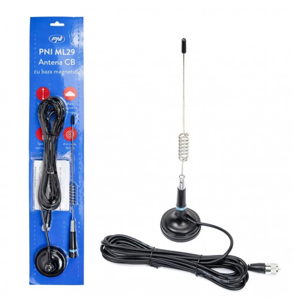 Antena Cb Pni Ml29 Lungime 34 Cm, Cu Magnet Inclus Diametru 70 Mm Si Cablu Rg58