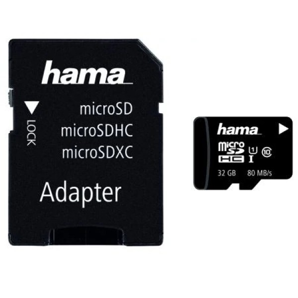 Card de memorie HAMA microSDXC 32GB + adaptor, clasa 10 UHS-I, 80MBs