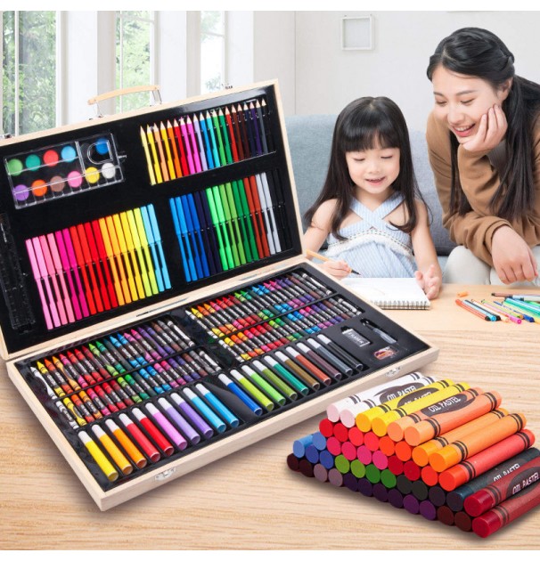 Set 180 Piese Pentru Desen Pentru Copii Sau Adulti, Creioane Colorate, Vopsele Si Markere, Cu Geanta De Transport Din Lemn Masiv, Model Avx-Wt-Art-10