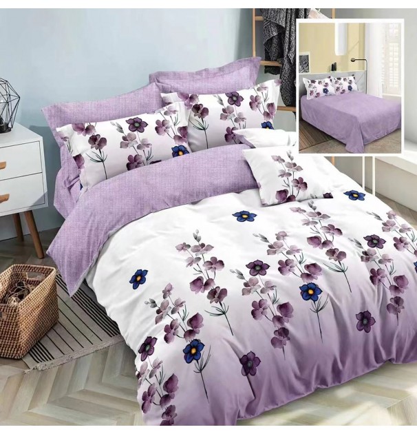 Lenjerie De Pat Finet 6 Piese, Cearceaf Pat Clasic, Cearceaf Pilota 200X230, 2 Fete Perna 50X70, 2 Fete Perna 70X70, Extra, Floricele Mov