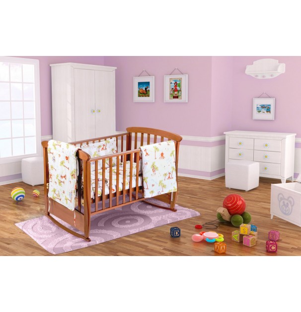 Set Pentru Patut Bebe, Somnart, Cearceaf Cu Elastic Pentru Saltea 60X120X10, Pernuta 37×55, Pilota 100×105, Aparatori 180X45, Model Jungle