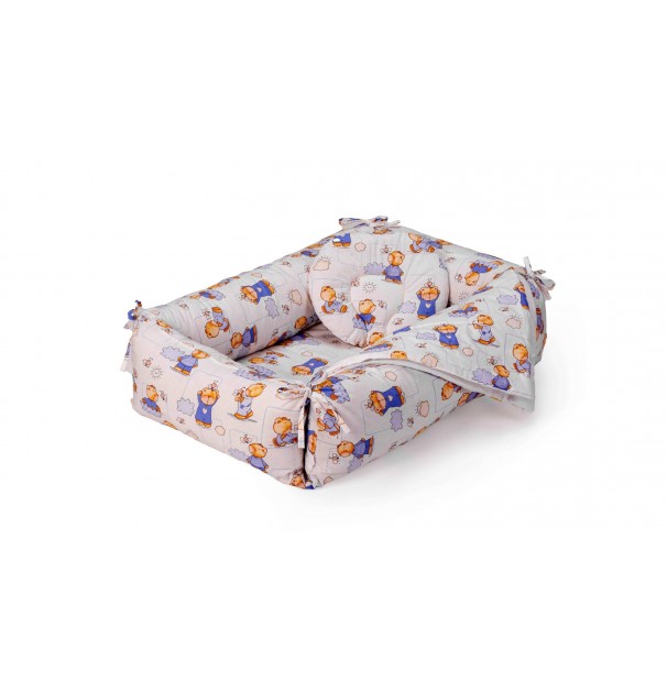 Set Reductor Bebe Nest + Paturica + Pernuta Pentru Formarea Capului Bebelusului Somnart, Model Ursuleti, Alb/albastru