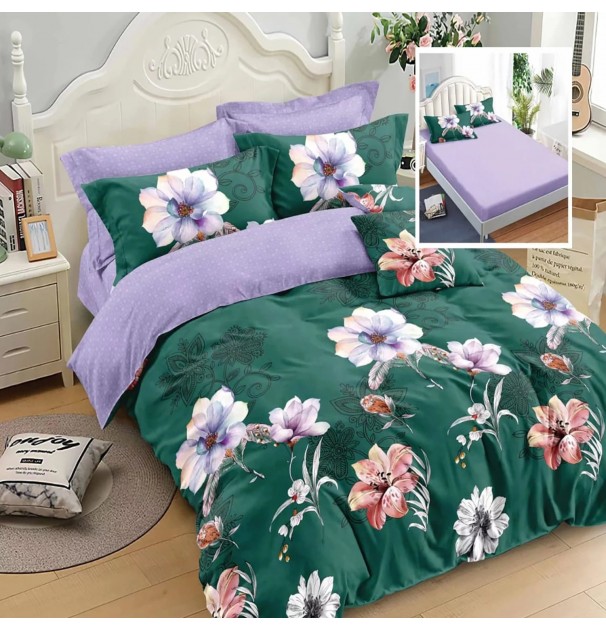 Lenjerie De Pat Finet 6 Piese, Cearceaf Pat Cu Elastic, Cearceaf Pilota 200X230, 2 Fete Perna 50X70, 2 Fete Perna 70X70, Extra, Green-Purple