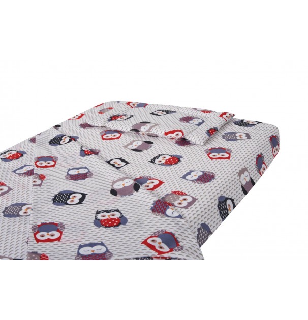 Lenjerie Patut Bebe, Somnart, Cearceaf Pat 60X120X10 Cu Elastic, Cearceaf Pilota 80X110, Perna Joasa 20X35, Bufnite Mici