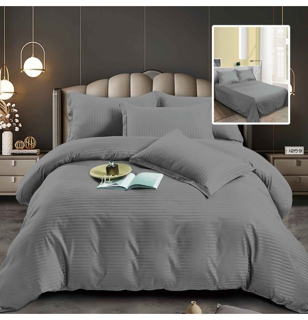 Set Lenjerie De Pat Pentru 2 Persoane Xxl, Bumbac Damasc Policotton, 4 Piese, Cearceaf Pat 230X260, Cearceaf Pilota 230X200, Fete De Perne 50X70 X 2, Gri