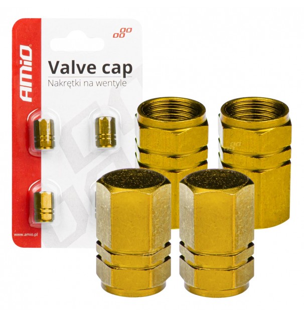 Set 4 Capacele Auto Pentru Ventil, Din Aluminiu, Model Hexagon, Culoare Galben