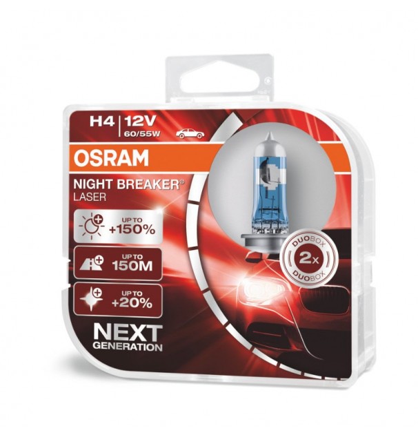 Set 2 Becuri Auto Cu Halogen Osram H4 12V 60/55W P43T Night Breaker Laser +150%