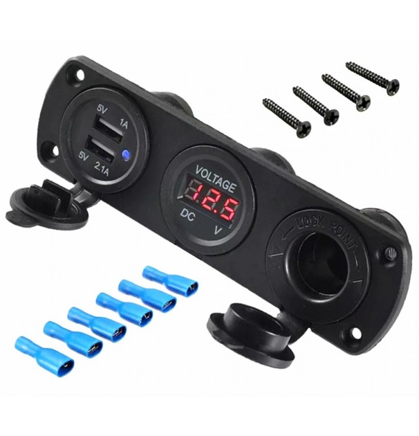 Priza Suplimentara Impermeabila Pentru Vehicule Off Road, Atv, Ssv, Tensiune 12V, 2 X Usb Si Voltmetru