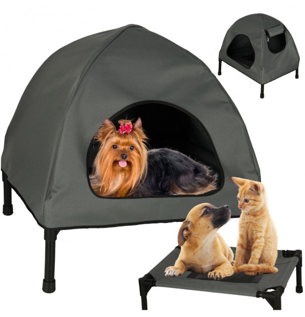 Pat De Tip Cusca Pentru Caini Si Pisici Cu Acoperis Detasabil, Cadru Metalic Negru Si Panza Gri, Dimensiune 60 X 54 X 44 Cm