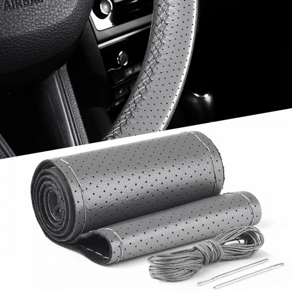 Husa Volan Din Piele Gri + Ata Gri, Diametru 37 - 39 Cm (Se Coase, Aspect Original)