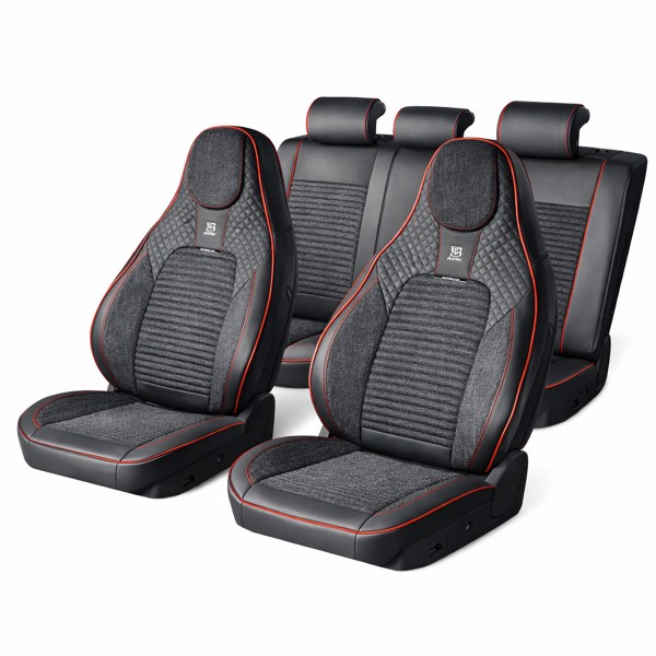 Set Huse Scaune Auto Premium, Model Blaze Torque, Design Sportiv,  Universale, Ergonomice, Piele Ecologica Cu Insertii Textile, Culoare Negru/Rosu