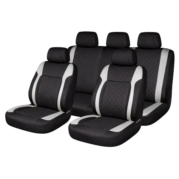 Set Huse Scaune Auto Premium, Model Diamond Core, Design Sportiv,  Universale, Ergonomice, Piele Ecologica Matlasata, Culoare Negru/Gri