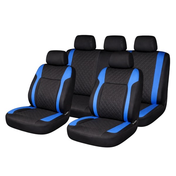 Set Huse Scaune Auto Premium, Model Diamond Drive, Design Sportiv,  Universale, Ergonomice, Piele Ecologica Matlasata, Culoare Negru/Albastru