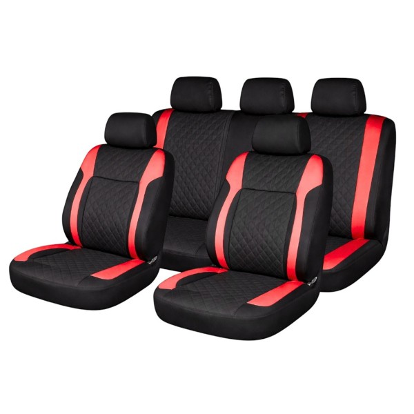 Set Huse Scaune Auto Premium, Model Diamond Racer, Design Sportiv,  Universale, Ergonomice, Piele Ecologica Matlasata, Culoare Negru/Rosu