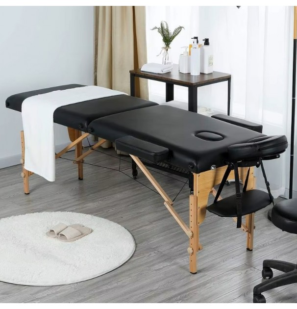 Masa De Masaj Pliabila, 2 Zone, Cadru Lemn, Spuma 5Cm, Inaltime 55-76Cm, Piele Ecologica, Dimensiuni 60X213Cm, Culoare Neagra